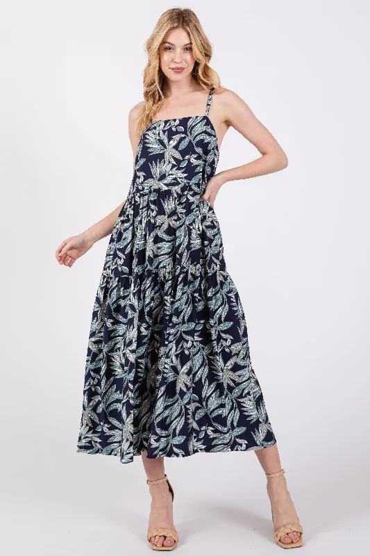 Navy Blue Leaf Print Square Neck Tiered Midi Dress Office midi dresses