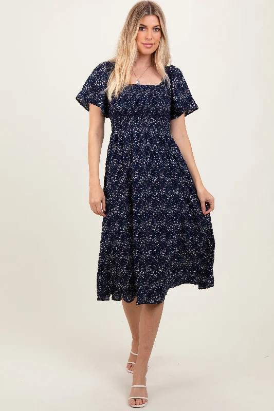 Navy Floral Square Neck Smocked Maternity Midi Dress Luxury midi dresses