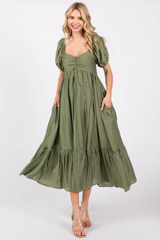 Olive Ruched Sweetheart Neck Tiered Midi Dress Sexy little black midi dresses