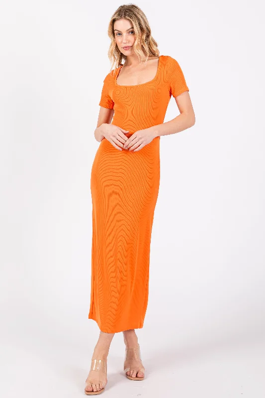 Orange Ribbed Fitted Midi Dress Formal midi dresses