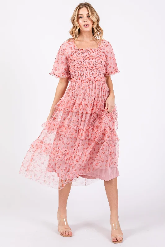 Pink Floral Tulle Smocked Ruffle Tiered Midi Dress Glamorous midi dresses