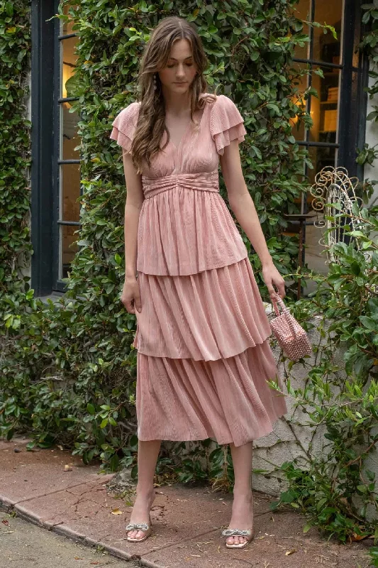 Pink Pleated Tiered Midi Dress Revolve midi dresses