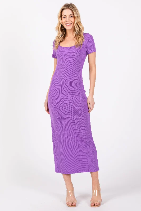 Purple Ribbed Fitted Midi Dress Boho midi dresses