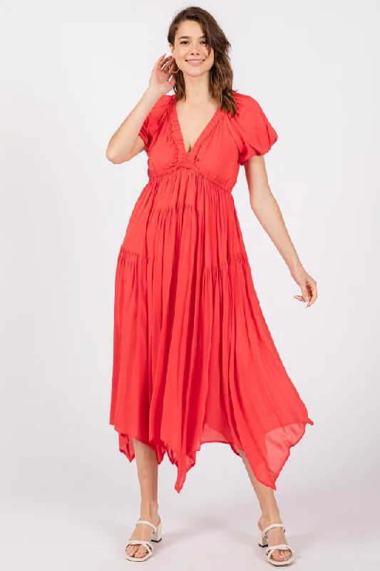 Red Deep V-Neck Puff Short Sleeve Asymmetrical Hem Midi Dress Cotton midi dresses