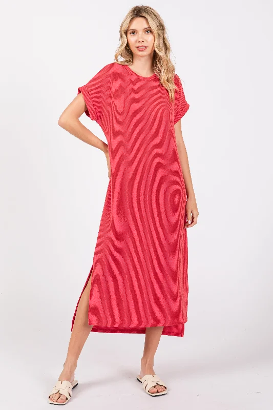 Red Ribbed Short Sleeve Midi Dress Best midi dresses for formal events