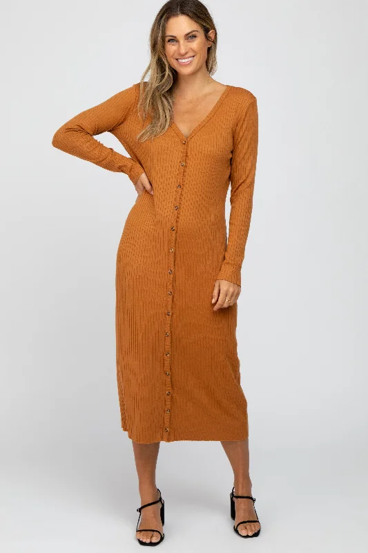 Rust Ribbed Button Front Midi Cardigan Dress Best midi dresses for summer vacation