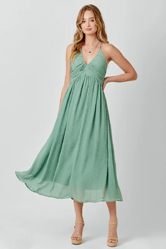 Sage Ruched V-Neck Midi Dress Satin midi dresses