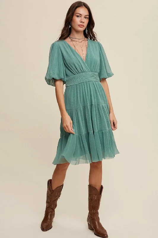 Sage V-Neck Pleated Mesh Cinched Waist Midi Dress Graduation midi dresses