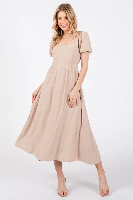 Taupe Puff Sleeve Linen Midi Dress Summer midi dresses