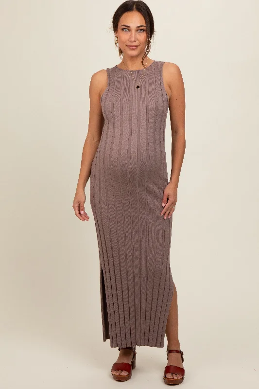 Taupe Sleeveless Knit Side Slit Maternity Midi Dress Beach midi dresses