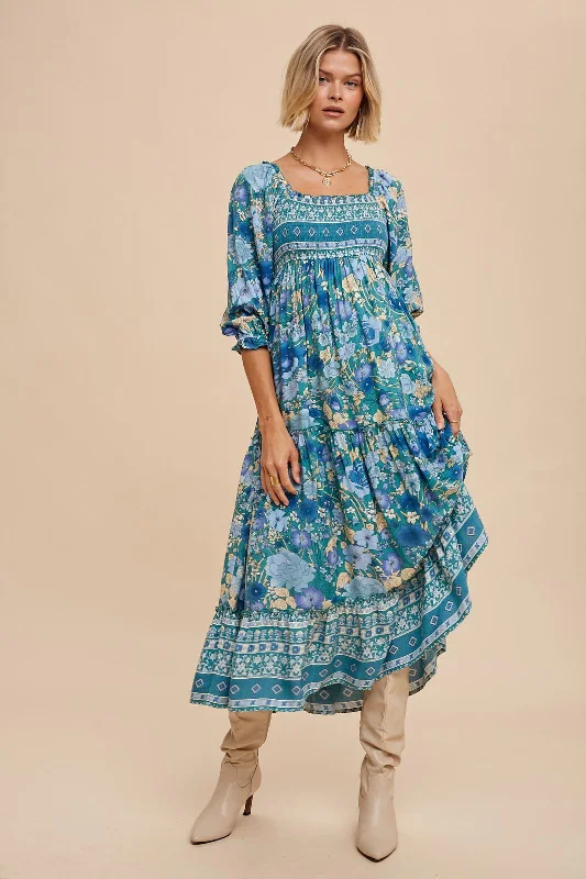 Teal Floral Smocked Half-Length Sleeves Midi Dress Flowy midi dresses