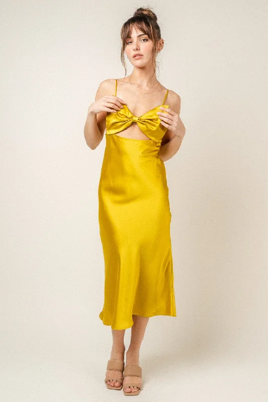 Yellow Bow Satin Slip Midi Dress Best midi dresses for curvy figures