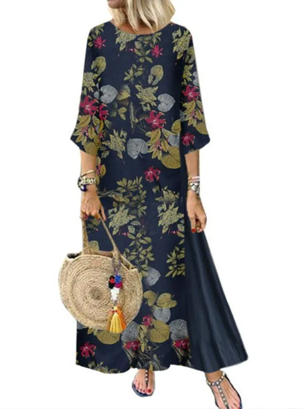 Autumn Long Dress Women Floral Print Boho Dress Three Quarter Sleeve O-neck Collar Dress Ladies Patchwork Loose Dresses Elegant floral dresses