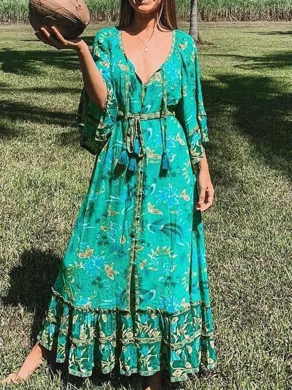 Boho Forest Print Fluted Sleeves Frill Summer Dress V-neck Tied Beach Dress for Women Chic Gypsy Boho Dress Birthday floral dresses