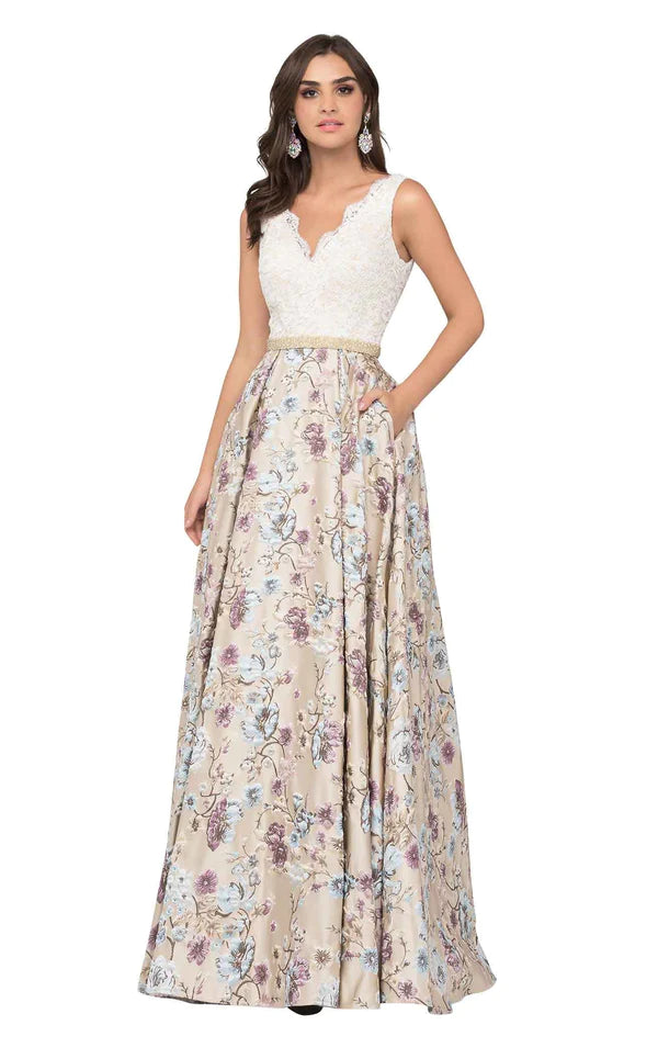 Cecilia Couture 1484 Ivory Floral Embroidered A-Line Dress Best floral dresses for casual outings