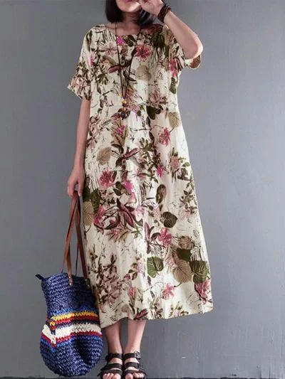 Cotton and Hemp Printing Medium and Long Middle Sleeve Side Sewn Pocket Dress Must-have floral dresses for this season