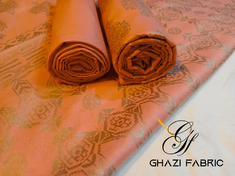 Ghazi fabric Linen Unstitched 3 piece suit for women Elegant Trendy Gold Print Collection Petite floral dresses