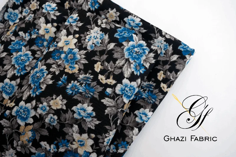 Ghazi fabric Unstitched Digital Print Grip collection Premium quality  Dress 2 piece for women black color(Uk-series/8156-2)) Designer floral dresses