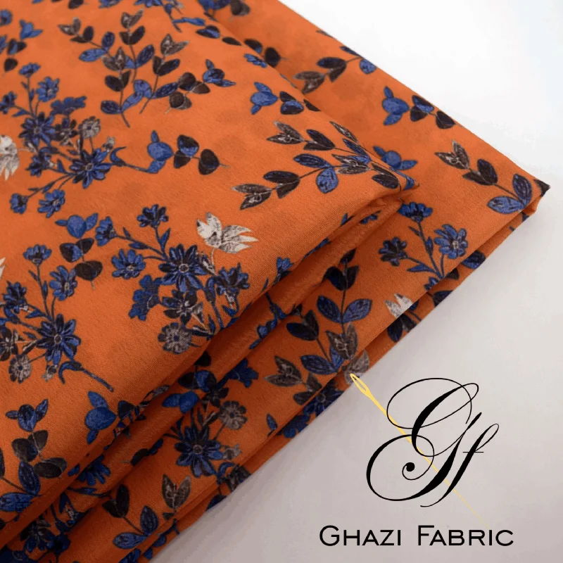 Ghazi fabric Unstitched Digital Print Grip collection Premium quality  Dress 2 piece for women Orange color(Uk-series/4856-2)) Hot new arrivals in floral dresses