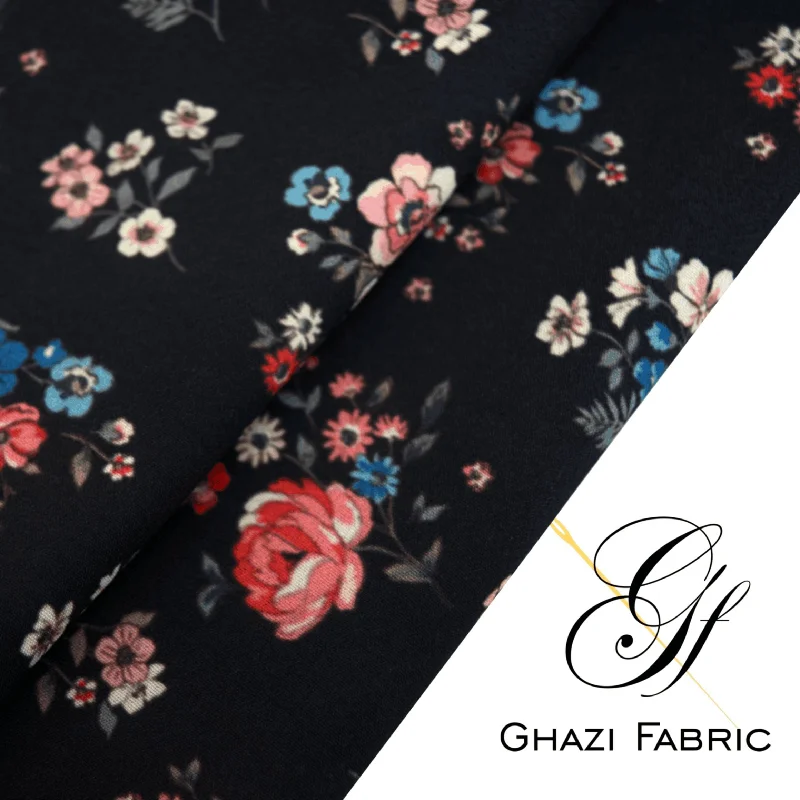 Ghazi fabric Unstitched  Grip   Digital  collection digital print 1 Piece  For Women black color(Uk series71456-9) Floral dresses under $100