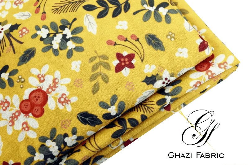 Ghazi fabric Unstitched  Grip   Digital  collection digital print 2 Piece  For Women Lemon Yellow color(Uk series61456-1) High-end floral dresses