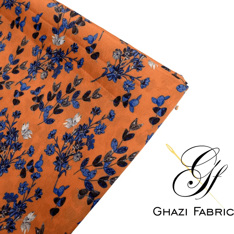 Ghazi fabric Unstitched  Grip   Digital  collection digital print 1  Piece  For Women orange color (Uk series48456-9) Lace floral dresses