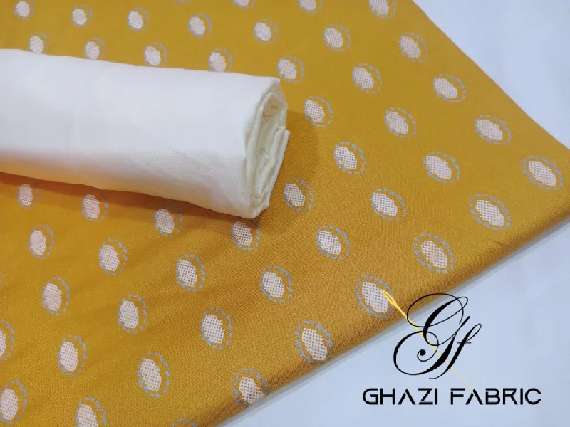 Ghazi fabric Unstitched Linen 2 piece printed mustard with cream trouser GTS3434 Preppy floral dresses