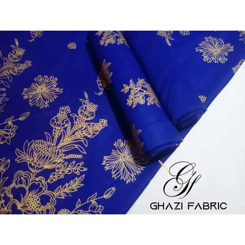 Ghazi fabric Unstitched Linen 3 piece Gold printed suit for women royal blue GH8707 Velvet floral dresses