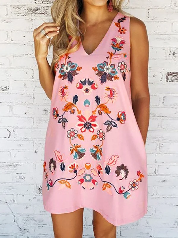 Floral Print  Women Fashion V-neck Sleeveless Casual Loose Summer  Loose A-line Party Dress Halter floral dresses