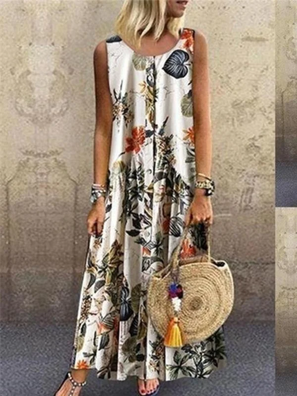 Plant Print Casual Sleeveless Long Dress Women's trendy floral dresses sale