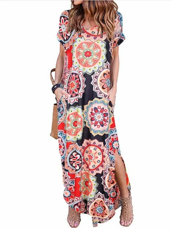 Printed Short Sleeve Pullover V-neck Knit Casual Long Dress-1 Best floral dresses for work