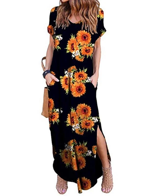 Printed Short Sleeve Pullover V-neck Knit Casual Long Dress-2 Best floral dresses for elegant looks