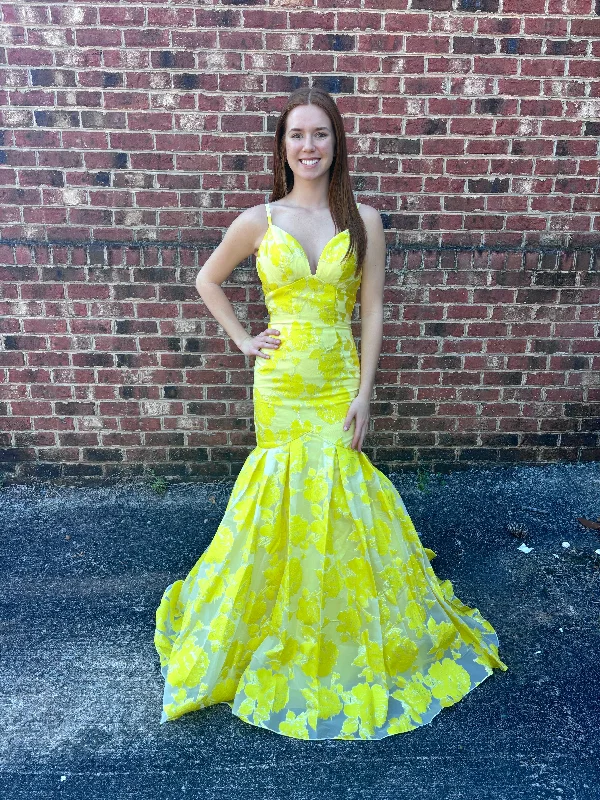 Rachel Allan 7087 Yellow Floral Jacquard Mermaid Dress Revolve floral dresses