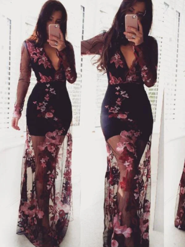 Women See Through Black Gauze Mesh  Lace Sexy Deep V-neck Bodycon Floral Dress Tulle floral dresses