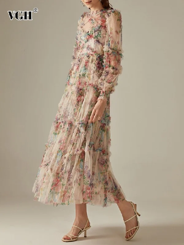 VGH Floral Long Sleeve High Waist Ruffle Dress Spring floral dresses