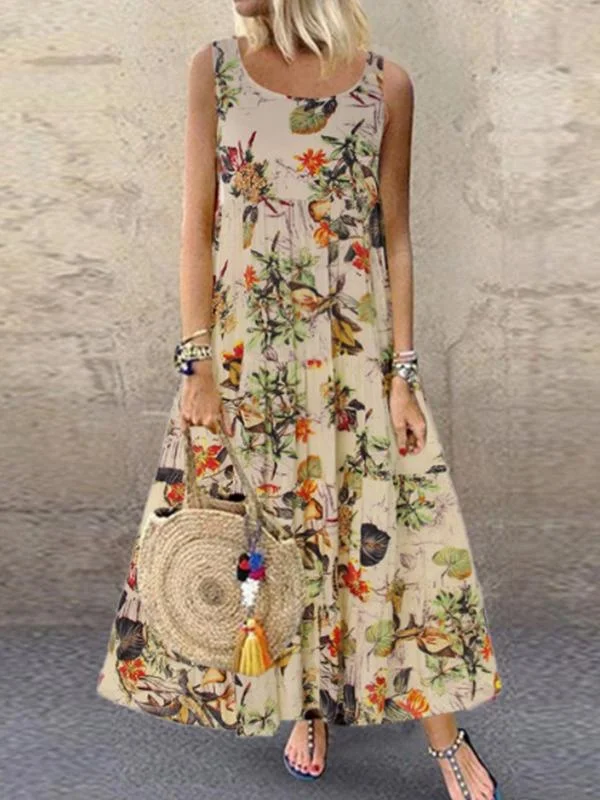 Vintage Floral Print Sleeveless Crew Neck Long Dress Best floral dresses for petites