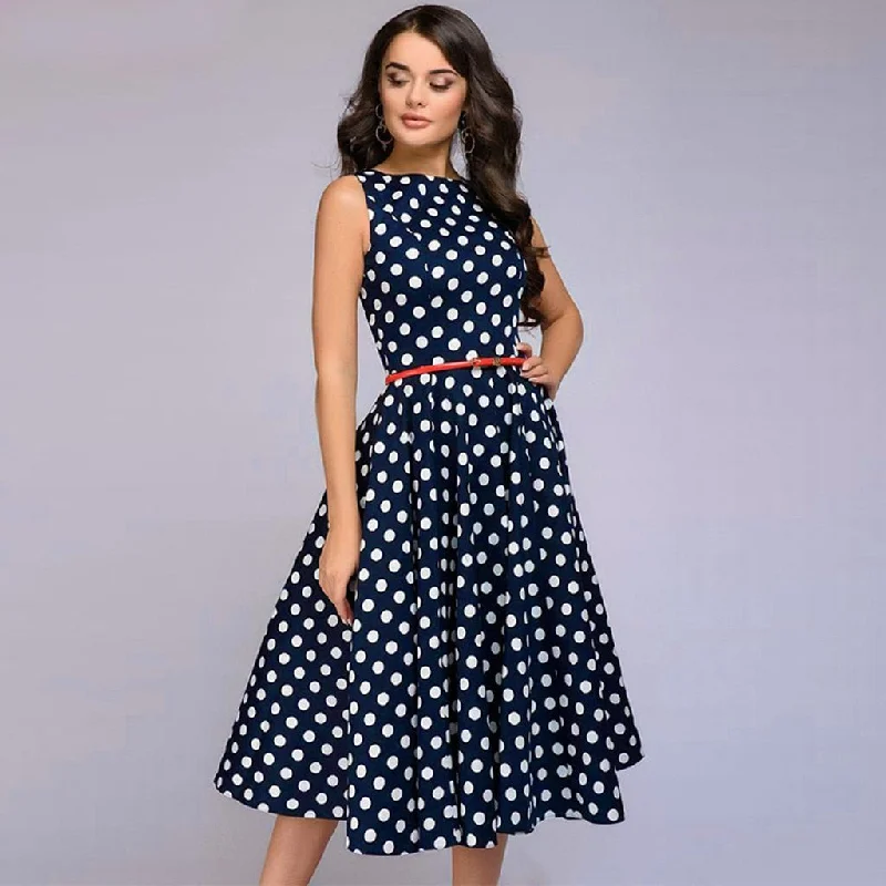 Elegant Polka Dot Print Sleeveless Flared Dress Boohoo floral dresses