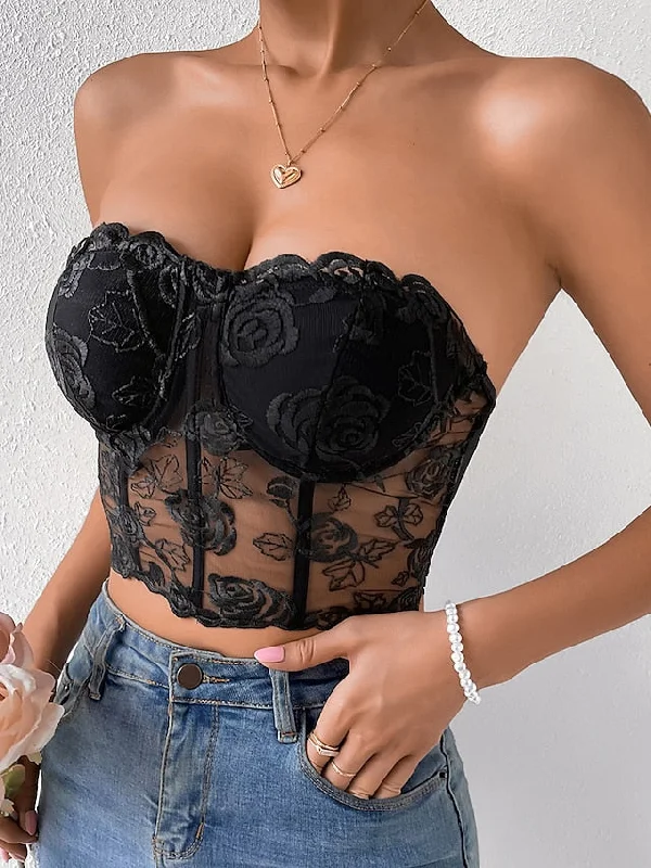 Women's Corset Bustier Black White Pink Floral Lace Backless Sleeveless Holiday Weekend Streetwear Sexy Y2K Strapless Crop Floral S Versatile floral dresses for all occasions