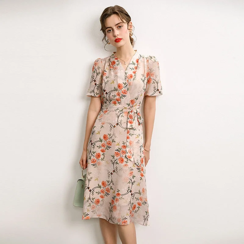 Women's Dress Summer New French V-neck Lace-up Temperament Printed Party Dress Female Casual Floral Half Sleeve A-line Dress Sexy floral print dresses