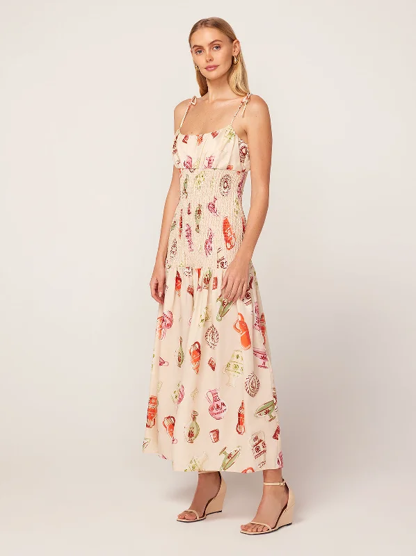 Andrea Ivory Pottery Print Maxi Dress Pleated Floral Maxi