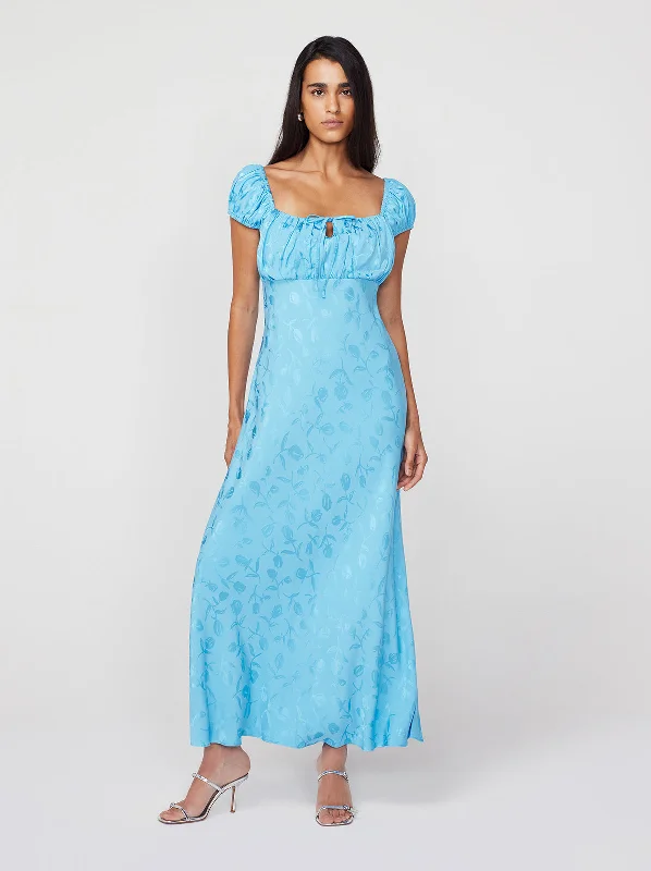 Bess Sky Blue Tulip Jacquard Maxi Dress Floral A-line Skirt