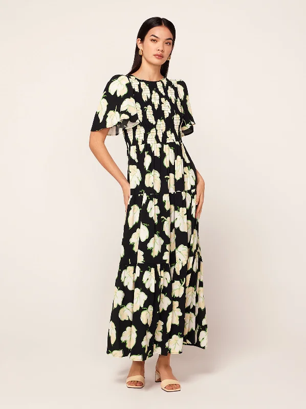 Bridget Black Vine Leaf Shirred Maxi Dress Knit Maxi Skirt