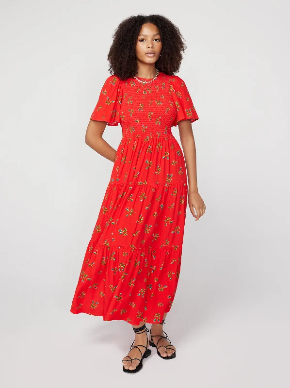 Bridget Red Rosebud Shirred Maxi Dress Soft Ruffled Maxi