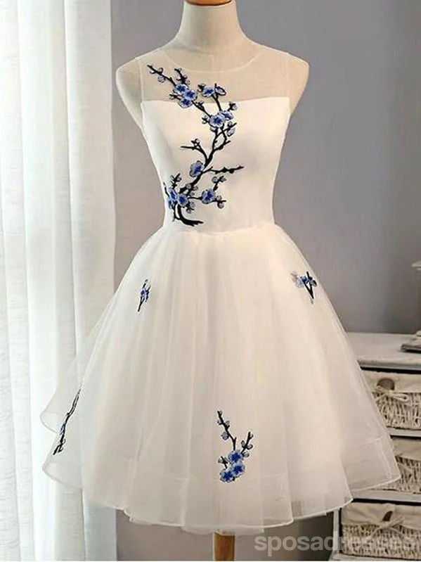 Cute Applique White Short Homecoming Prom Dresses, Cheap Sweet 16 Dresses, CM359 Button-up Mini Skirt