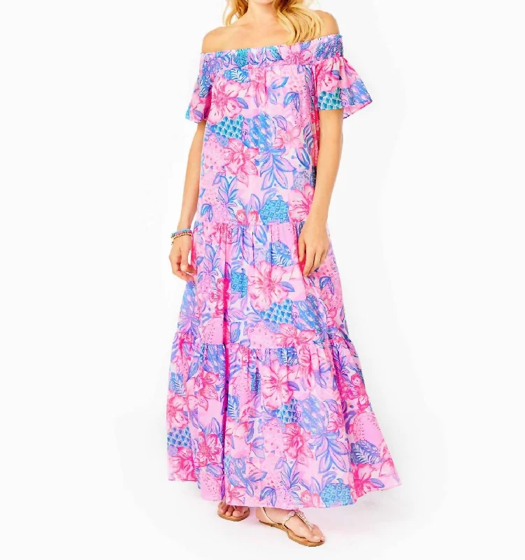 Dezi Off The Shoulder Maxi Dress in Pink Isle Snappy Turtle Summer Floral Maxi