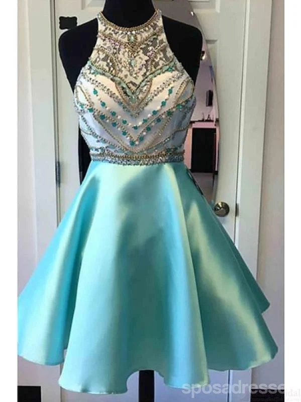 Heavily Beaded Green Halter Short Homecoming Prom Dresses, AffordableSweet 16 Dresses, CM3590 Soft Pleated Skirt