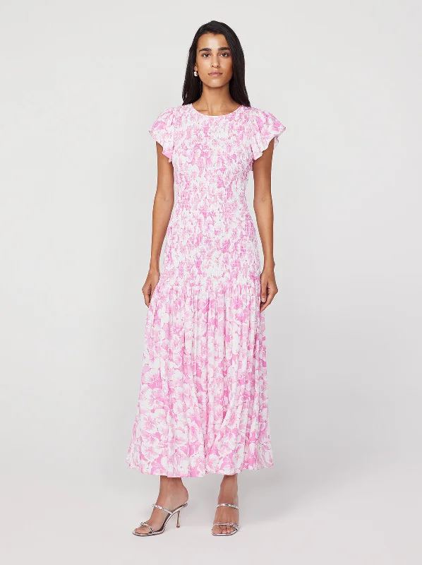 Jemima Pink Pansy Print Shirred Maxi Dress Boho Maxi Skirt