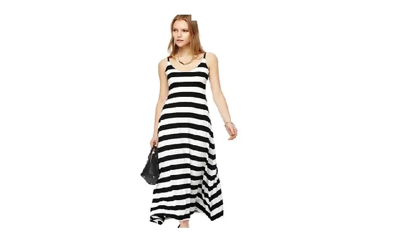 Long Off the Shoulder Black-White Striped Cotton Dress Women Embellished Maxi Skirt