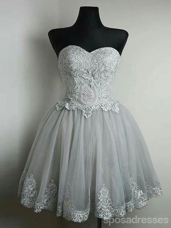 Strapless Gray Lace Tulle Homecoming Prom Dresses, Cheap Short Prom Dresses, CM350 A-line Denim Skirt