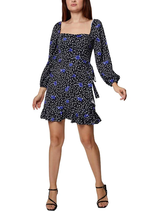 Womens Floral Square Neck Mini Dress Cozy Mini Skirt